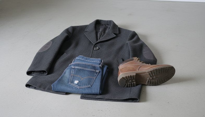 Portland, October. Wool coat, plain jeans, shoes worn for three years.