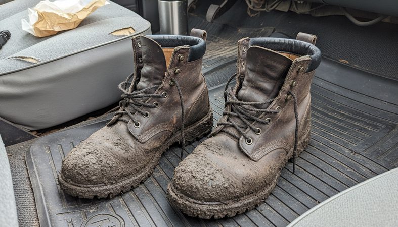 We drove to the Cascade Mountains. Hiked for four hours. When we came back, the boots were all muddy.