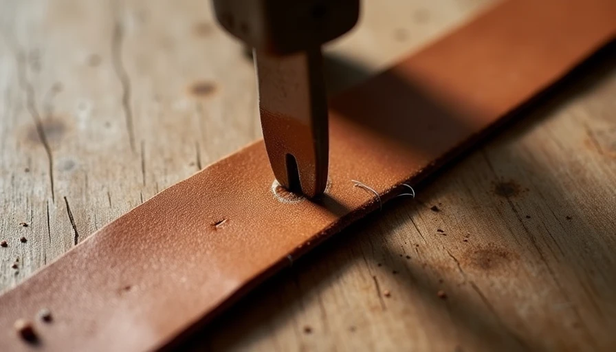 Metal fork and vegetable tanned leather strip with ruler and hammer on wooden table
